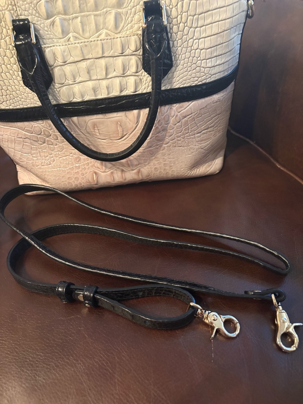 Brahmin Cream Croc-Embossed Duxbury Satchel with Black Trim and Tassel - Picture 4 of 13